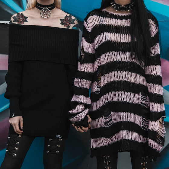 Killstar Courtney Punk Knit Sweater Black and Pink