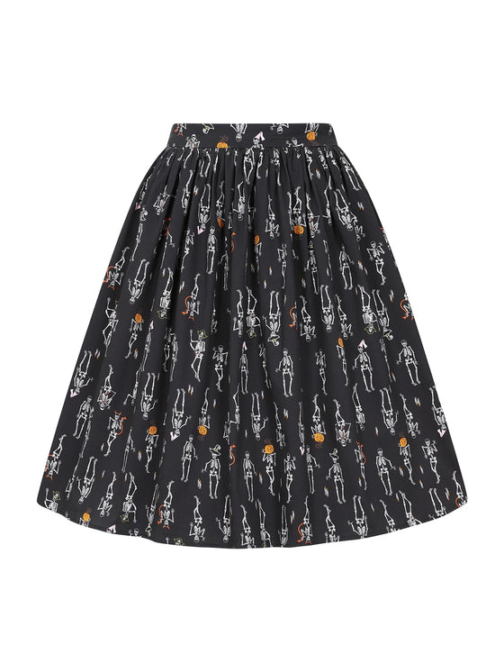 Collectif Jasmine Swing Skirt in Skeleton Boo-Gie Halloween Party Time