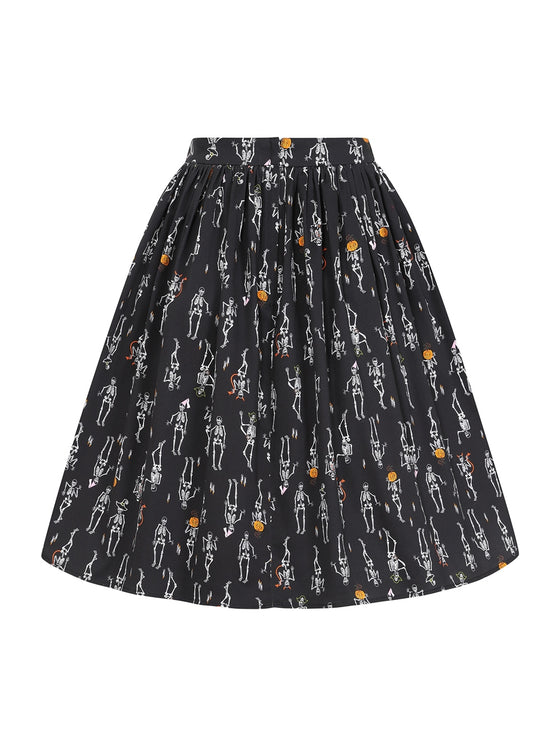 Collectif Jasmine Swing Skirt in Skeleton Boo-Gie Halloween Party Time