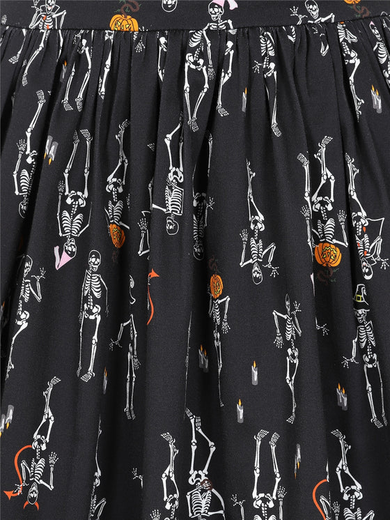 Collectif Jasmine Swing Skirt in Skeleton Boo-Gie Halloween Party Time