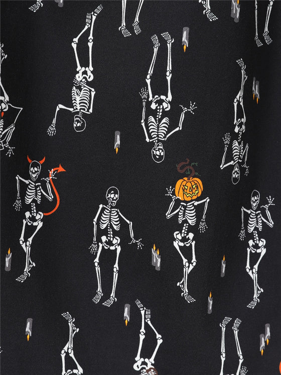 Collectif Jasmine Swing Skirt in Skeleton Boo-Gie Halloween Party Time