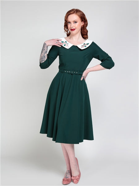 Collectif Elle Swing Dress in Emerald Christmas Embroidered Collar