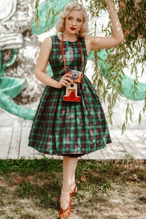 Dolly & Dotty Annie Swing Dress in Green Tartan Christmas
