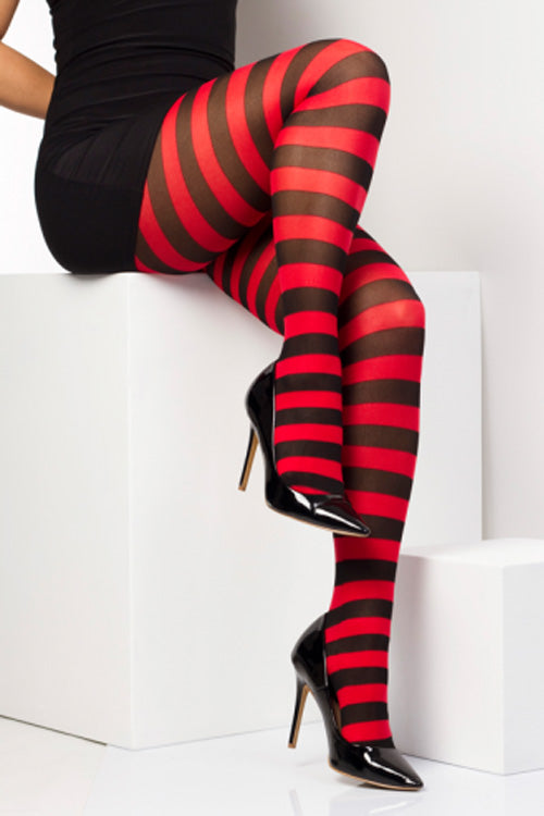 Pamela Mann Curvy Super-Stretch Striped Tights in Black/Red