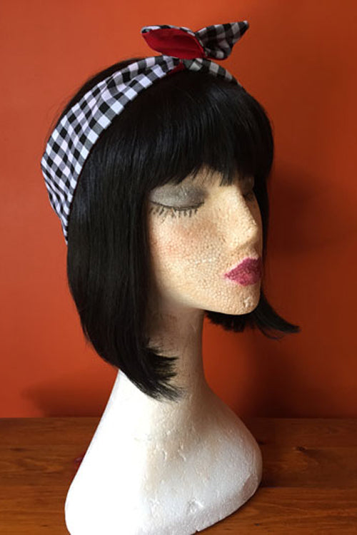 Reversible Wired Headband in Black Gingham Print & Red