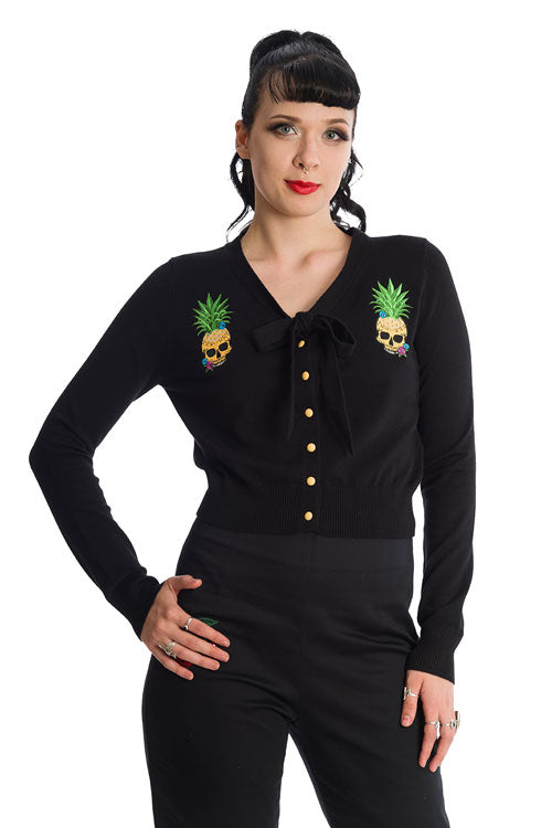 Banned Alternative Pineapple Skull Cardigan with Tie Neck