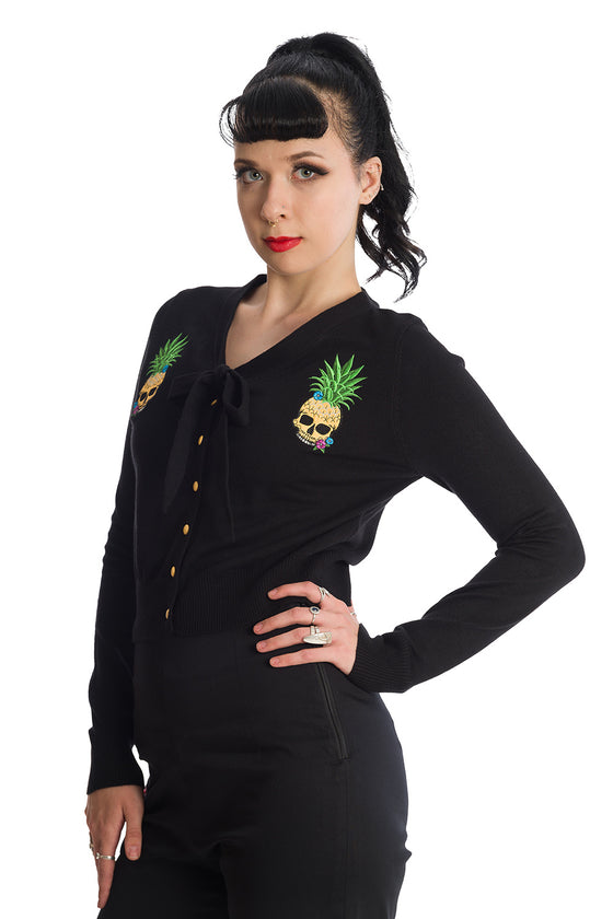 Banned Alternative Pineapple Skull Cardigan with Tie Neck