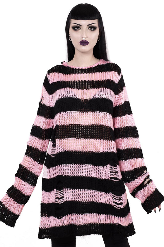 Killstar Courtney Punk Knit Jumper Black and Pink