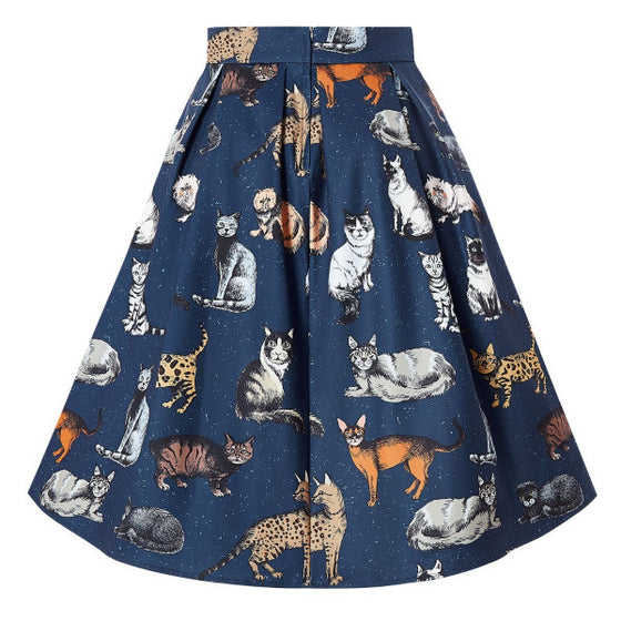 Dolly & Dotty Carolyn Box Pleat Skirt in Blue Cat Print