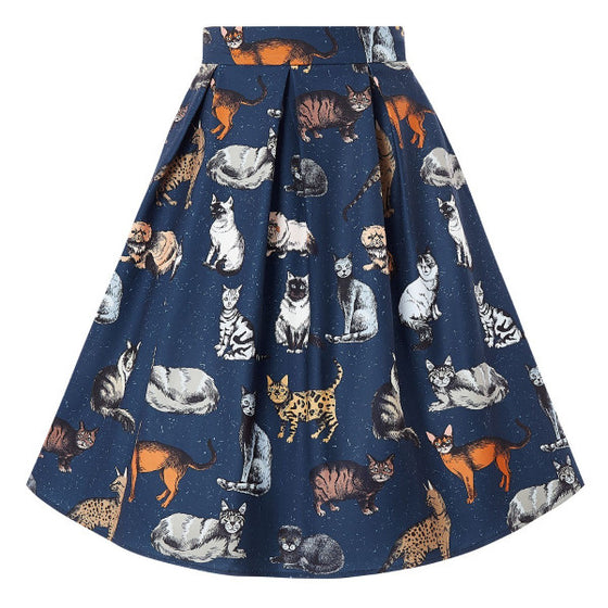 Dolly & Dotty Carolyn Box Pleat Skirt in Blue Cat Print
