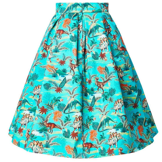 Dolly & Dotty Carolyn Box Pleat Skirt in Aqua Dinosaur Print
