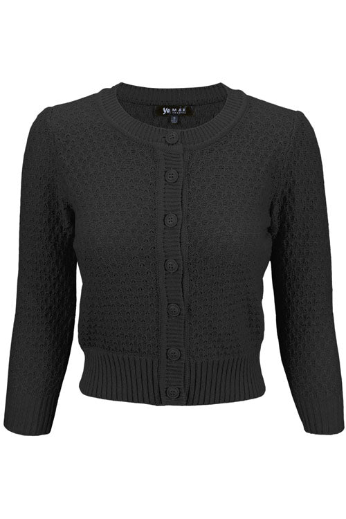 MAK Sweaters Chunky Vintage Knit Cardigan with 3/4 Sleeves in Black