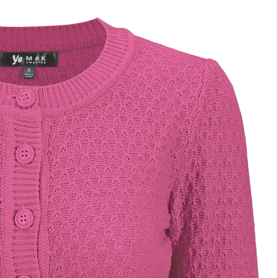 MAK Sweaters Chunky Vintage Knit Cardigan with 3/4 Sleeves in Magenta
