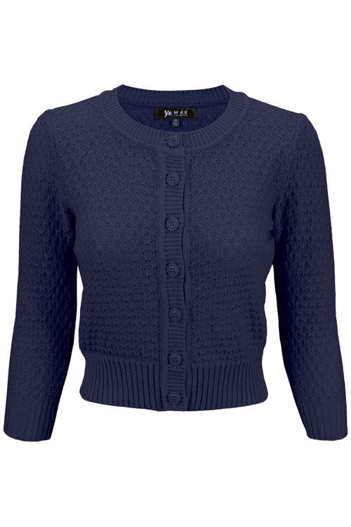 MAK Sweaters Chunky Vintage Knit Cardigan with 3/4 Sleeves in Navy