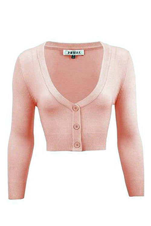 MAK Sweaters Cropped Cardigan with 3 4 Sleeves in Peach Beige Kitty Deluxe
