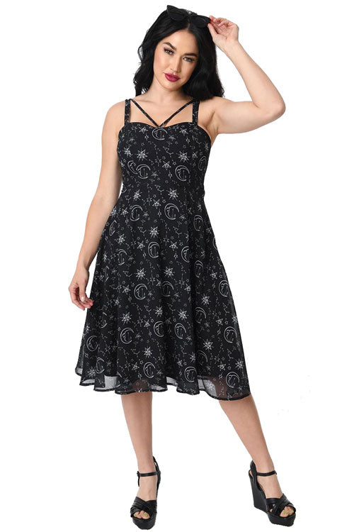 Timeless London Moon & Stars Print Crossover Neck Chiffon Dress