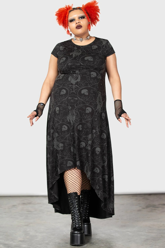 Killstar Danse Maxi Dress All Over Skeleton Design Hi-Lo Hem