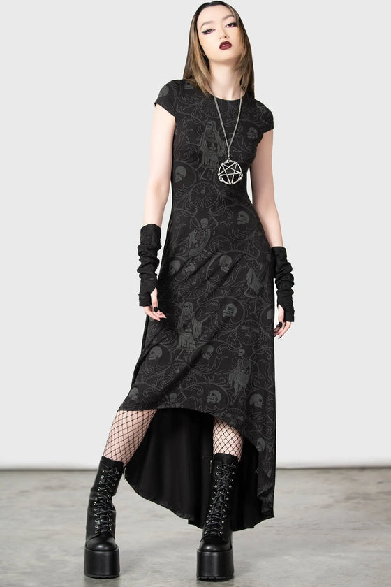 Killstar Danse Maxi Dress All Over Skeleton Design Hi-Lo Hem