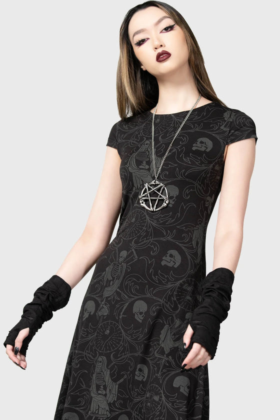 Killstar Danse Maxi Dress All Over Skeleton Design Hi-Lo Hem