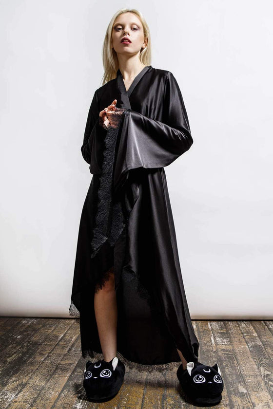 Killstar Deadly Daze Black Satin Robe with Lace Trims Sexy Femme Fatale