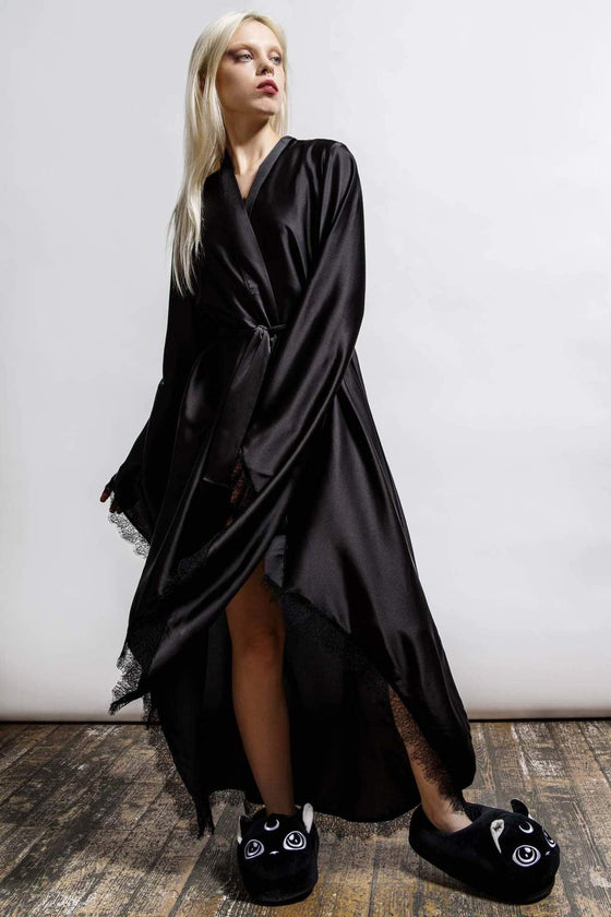 Killstar Deadly Daze Black Satin Robe with Lace Trims Sexy Femme Fatale