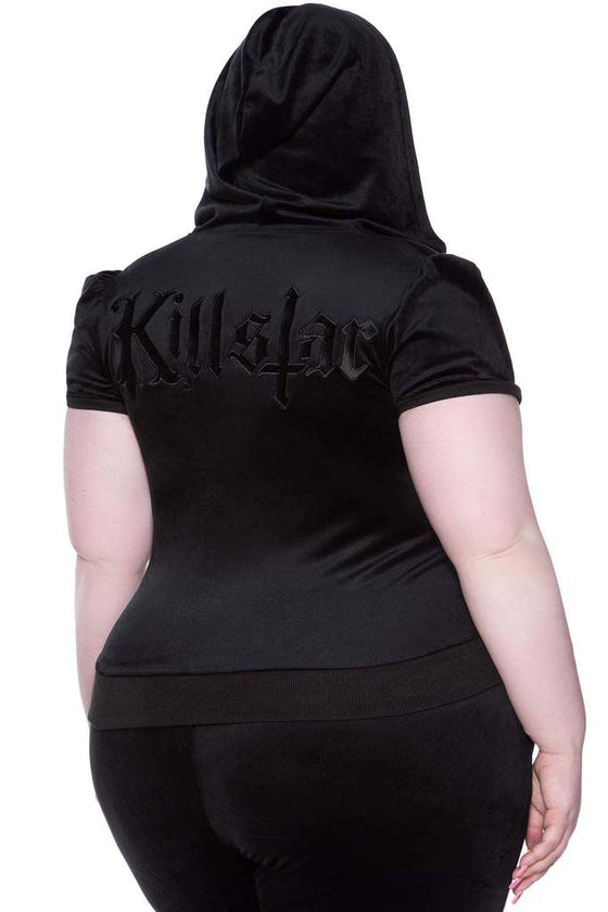 Killstar Dee-Lux Velvet Zip Front Short Sleeve Hoodie in Black
