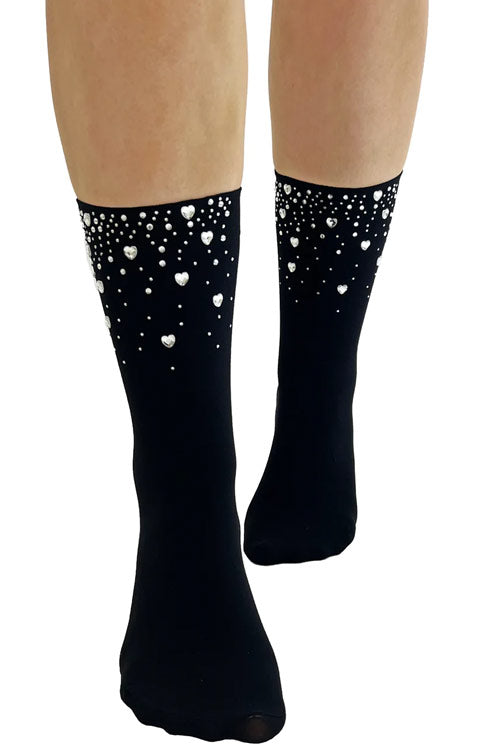 Pamela Mann Black Ankle Socks with Diamante Hearts Front Sparkle