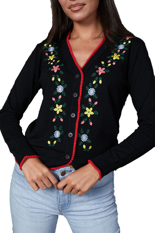 Timeless London Floral Embroidered Cardigan in Black with Red Trim