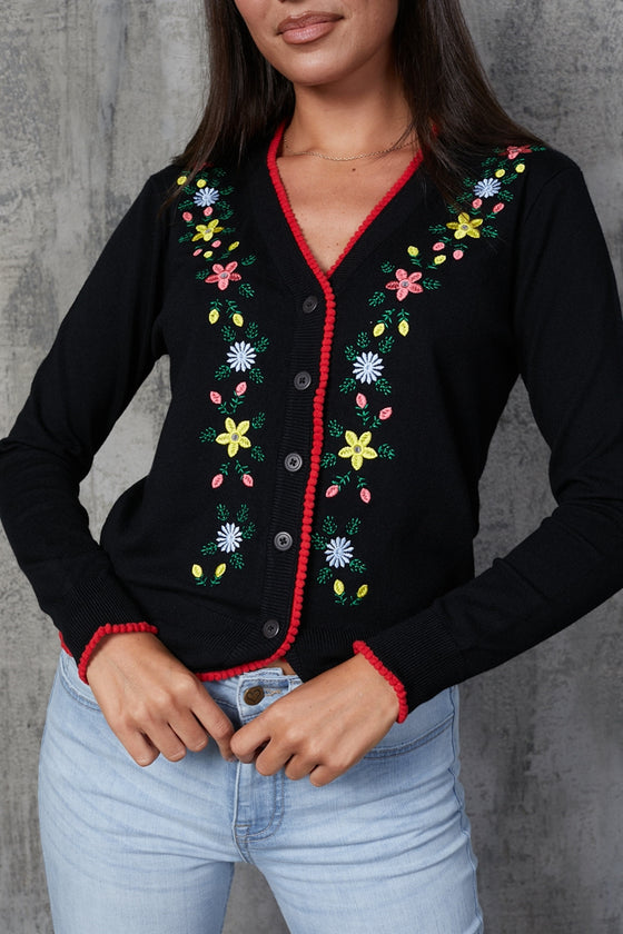 Timeless London Floral Embroidered Cardigan in Black with Red Trim