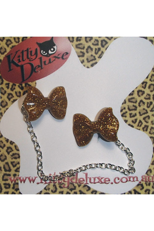Kitty Deluxe Cardigan Clips in Gold Glitter Bow Design
