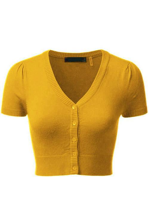 MAK Sweaters Cropped Cardigan with Short Sleeves in Honey Yellow