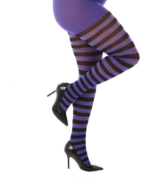 Pamela Mann Curvy Super-Stretch Striped Tights in Black/Purple