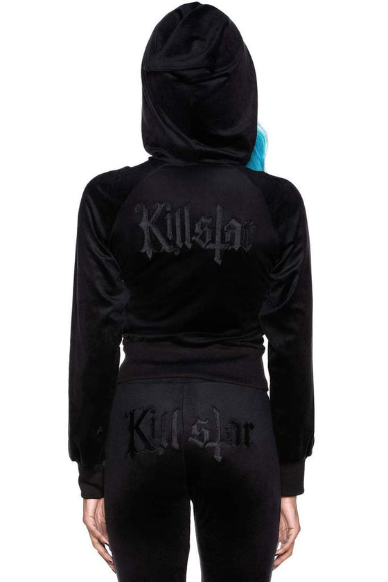 Killstar Just Crew-Sin Velvet Zip Front Long Sleeved Hoodie in Black