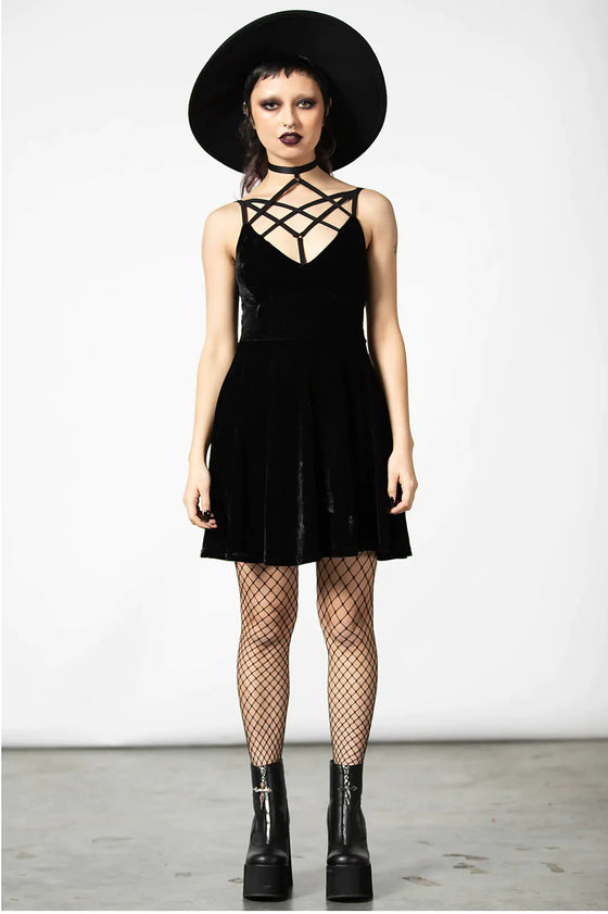 Killstar Magica Dress in Black Velvet with Harness Detailing