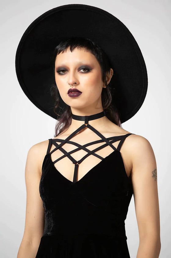 Killstar Magica Dress in Black Velvet with Harness Detailing