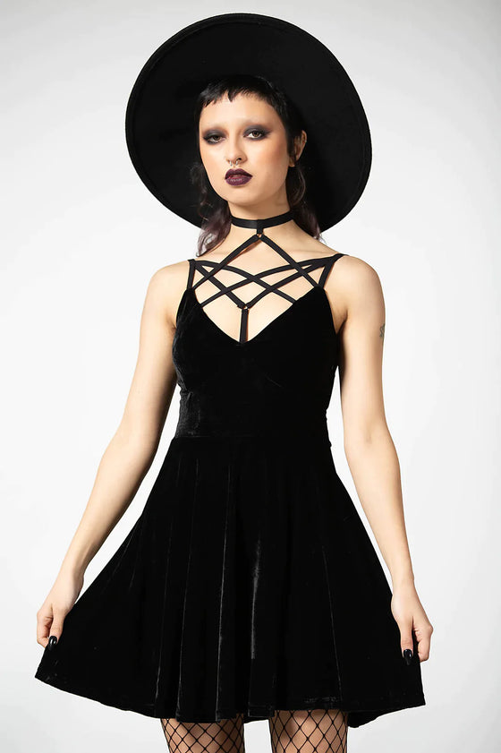 Killstar Magica Dress in Black Velvet with Harness Detailing