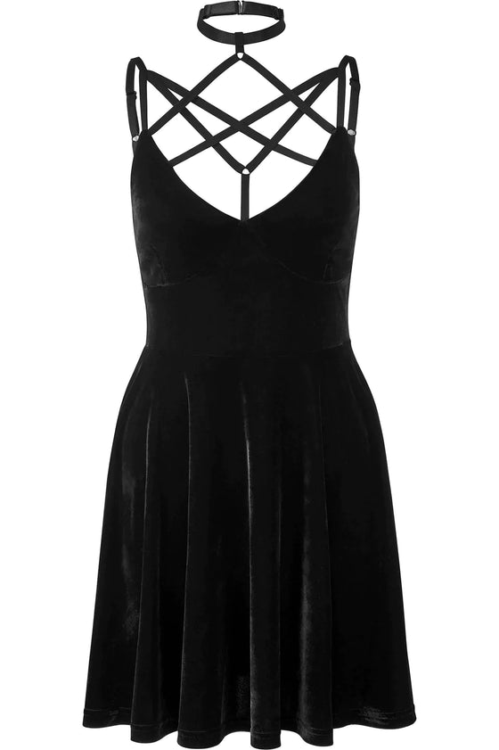 Killstar Magica Dress in Black Velvet with Harness Detailing