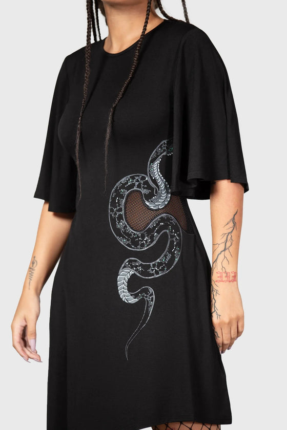 Killstar Maple Asymmetric Dress with Snake Print and Mesh Feature