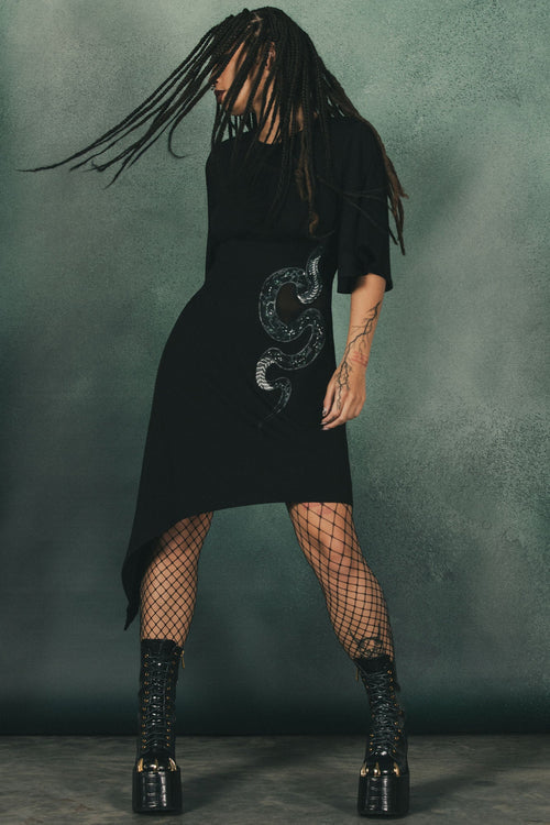 Killstar Maple Asymmetric Dress with Snake Print and Mesh Feature