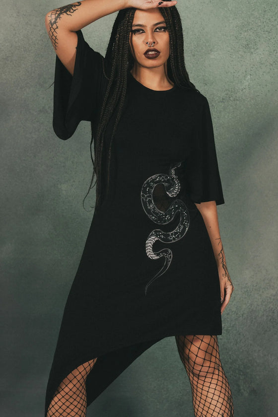 Killstar Maple Asymmetric Dress with Snake Print and Mesh Feature