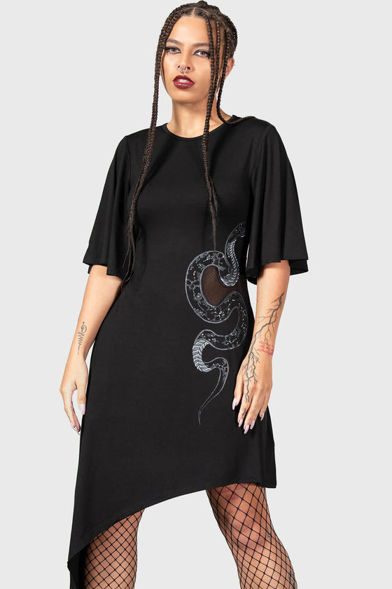 Killstar Maple Asymmetric Dress with Snake Print and Mesh Feature