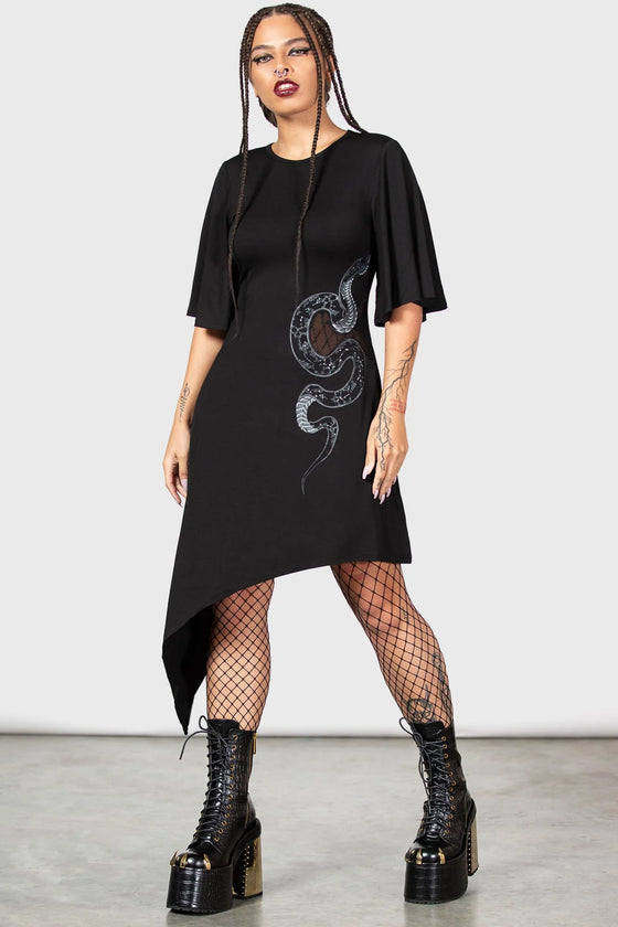 Killstar Maple Asymmetric Dress with Snake Print and Mesh Feature