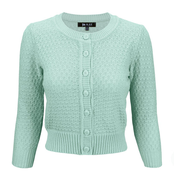 MAK Sweaters Chunky Vintage Knit Cardigan with 3/4 Sleeves in Aqua (Mint)
