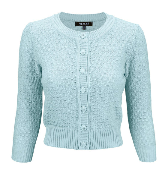 MAK Sweaters Chunky Vintage Knit Cardigan with 3/4 Sleeves in Light Blue