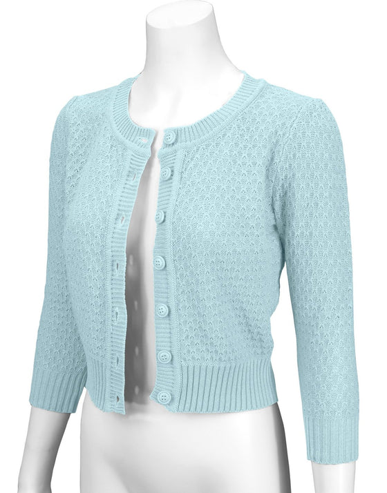 MAK Sweaters Chunky Vintage Knit Cardigan with 3/4 Sleeves in Light Blue