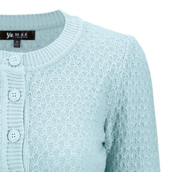 MAK Sweaters Chunky Vintage Knit Cardigan with 3/4 Sleeves in Light Blue