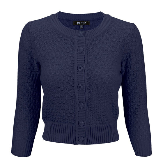 MAK Sweaters Chunky Vintage Knit Cardigan with 3/4 Sleeves in Navy