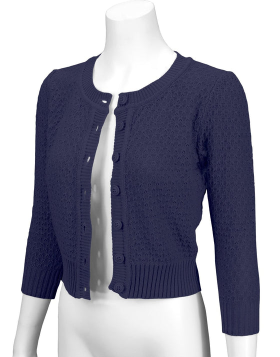 MAK Sweaters Chunky Vintage Knit Cardigan with 3/4 Sleeves in Navy