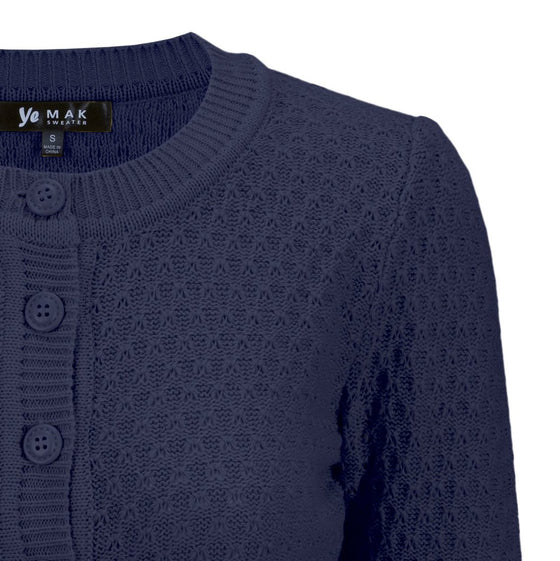MAK Sweaters Chunky Vintage Knit Cardigan with 3/4 Sleeves in Navy