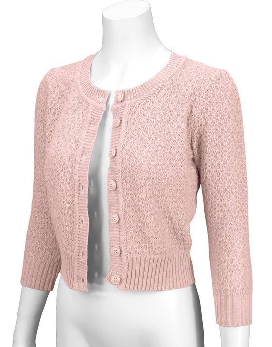 MAK Sweaters Chunky Vintage Knit Cardigan with 3/4 Sleeves in Peach Beige